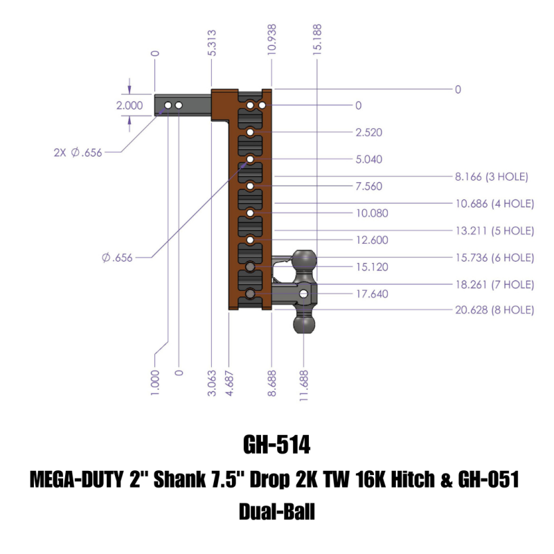 GEN-Y Hitch Gen-Y Mega Duty 2in Shank 7.5in Drop 2K TW 16K Hitch w/GH-051 Dual-Ball