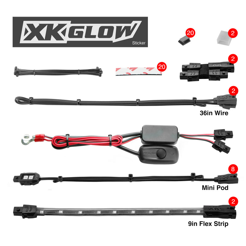 XKGLOW XK Glow Strips Single Color XKGLOW LED Accent Light Motorcycle Kit White - 8xPod + 2x8In