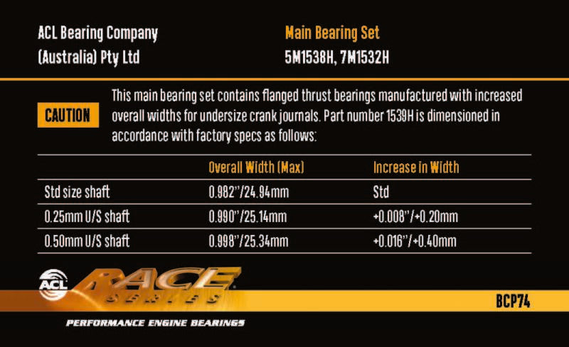 ACL BMW M20/M50/M52/M54  - 1919CC 80.0mm Bore 66.0mm Stroke .25 Oversized Main Bearing Set