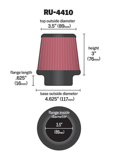 K&N Engineering K&N Filter Universal Rubber Filter 3 1/2 inch Flange 4 5/8 inch Base 3 1/2 inch Top 3 inch Height
