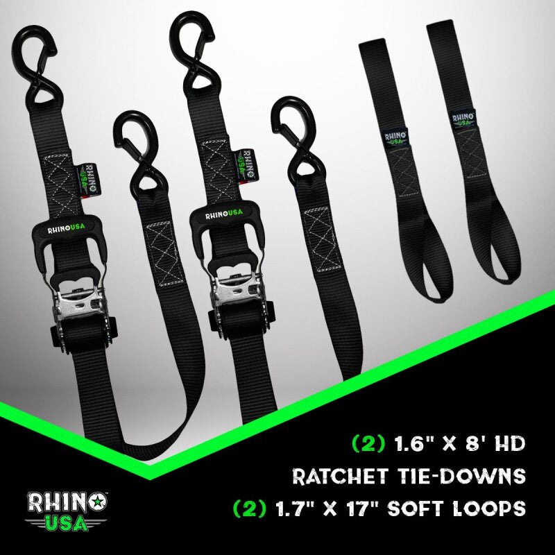 Rhino USA Heavy Duty Ratchet Tie-Downs 2-Pack (Red) 1.6In X 8Ft