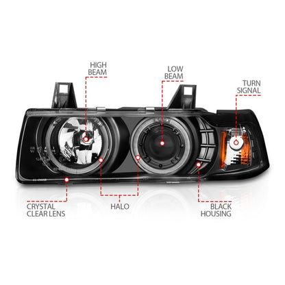 ANZO 1992-1998 BMW 3 Series E36 Projector Headlights w/ Halo Black G2 1 pc