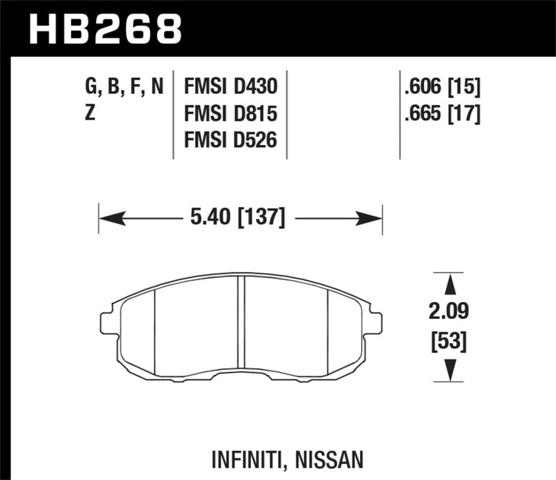 Hawk Performance Hawk 03-04 G35/03-05 G35X/ 02-05 350z w/o Brembo HPS Street Front Brake Pads