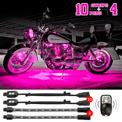 XKGLOW XK Glow Strips Single Color XKGLOW LED Accent Light Motorcycle Kit Pink - 10xPod + 4x8In