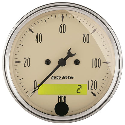 AutoMeter Gauge Speedo. 3-1/8in. 120MPH Elec. Prog. W/ Lcd Odo Antique Beige