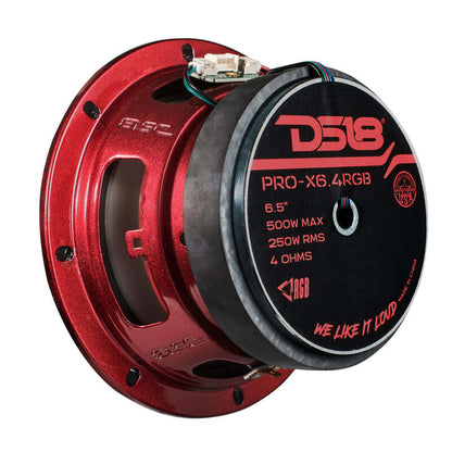 DS18 6.5in 250 Watts RMS 4ohm Mid Range Loudspeaker w/Translucent Dust Cap and Cone w/RGB LED Lights