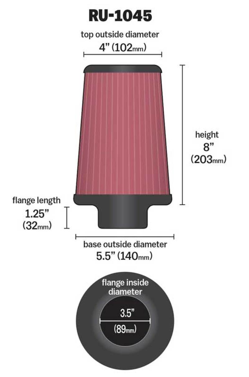 K&N Engineering K&N Universal Tapered Filter 3.5in Flange ID x 5.5in Base OD x 4in Top OD x 8in Height