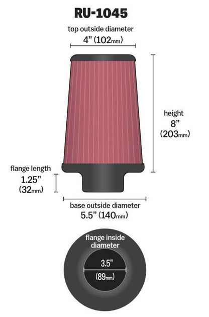K&N Engineering K&N Universal Tapered Filter 3.5in Flange ID x 5.5in Base OD x 4in Top OD x 8in Height