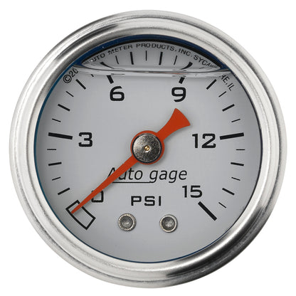 Autometer AutoGage 1.5in Liquid Filled Mechanical 0-15 PSI Fuel Pressure Gauge - White