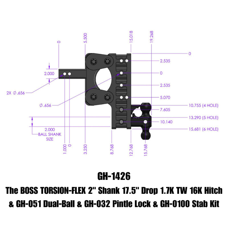 GEN-Y Hitch Gen-Y The Boss Torsion-Flex 2in Shank 17.5in Drop 16K Hitch w/GH-051 Dual-Ball/Pintle Lock/Stab Kit