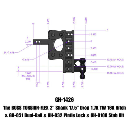 GEN-Y Hitch Gen-Y The Boss Torsion-Flex 2in Shank 17.5in Drop 16K Hitch w/GH-051 Dual-Ball/Pintle Lock/Stab Kit