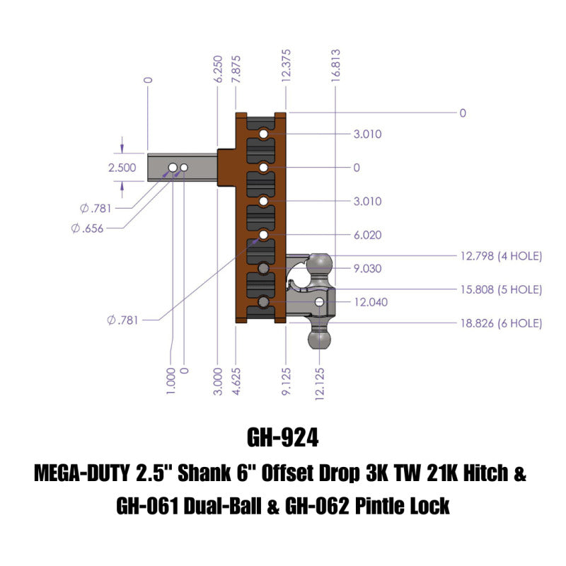 GEN-Y Hitch Gen-Y Mega Duty 2.5in Shank 6in Offset Drop 21K Hitch w/GH-061 Dual-Ball/GH-062 Pintle Lock