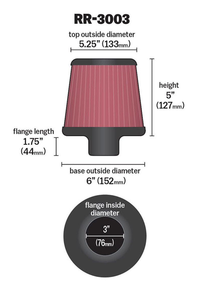 K&N Engineering K&N Universal Filter 3 inch Flange 6 inch Base 5 1/4 inch Top 5 inch Height w/ Polished Top