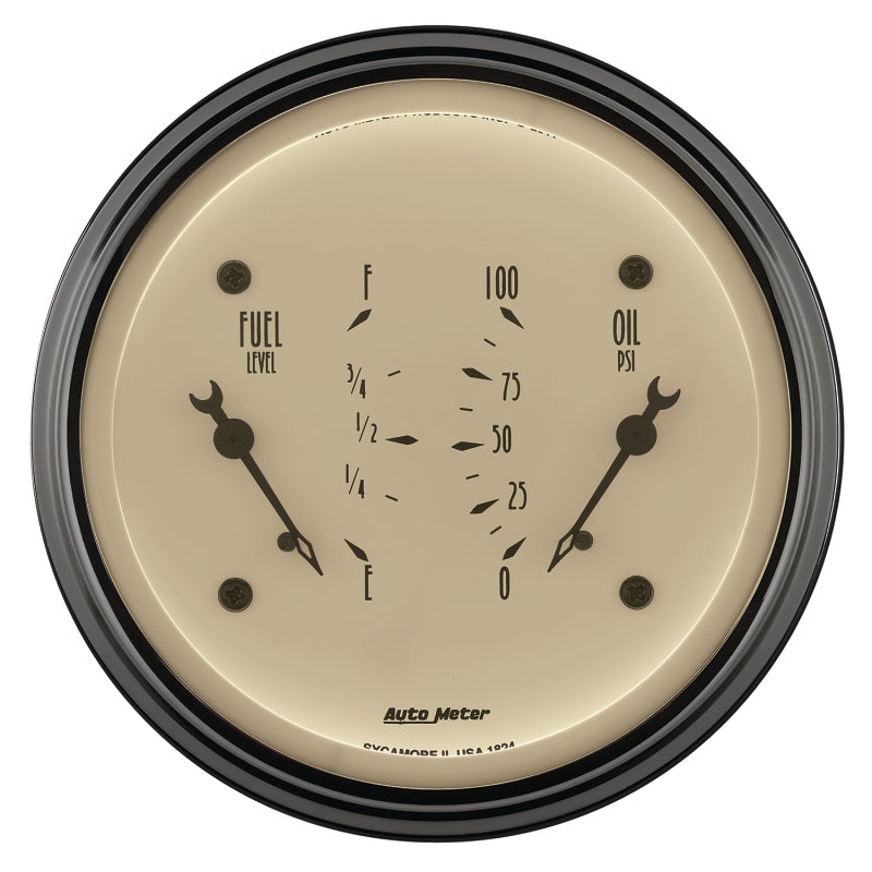 AutoMeter Gauge Dual Fuel & Oilp 3-3/8in. 0 Ohm(e) to 90 Ohm(f)& 100PSI Elec Antique Beige