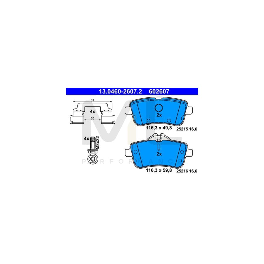 ATE 13.0460-2607.2 Brake pad set excl. wear warning contact, prepared for wear indicator, with brake caliper screws, with accessories
