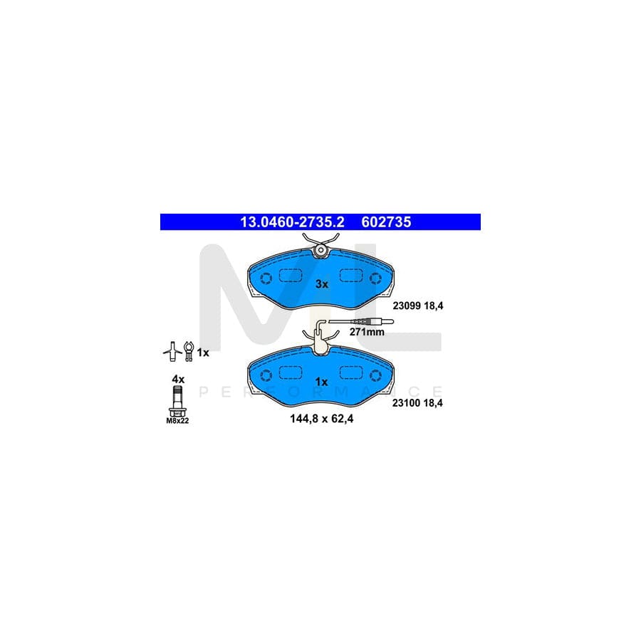 ATE 13.0460-2735.2 Brake pad set for RENAULT Espace III (JE) incl. wear warning contact, with brake caliper screws, with accessories