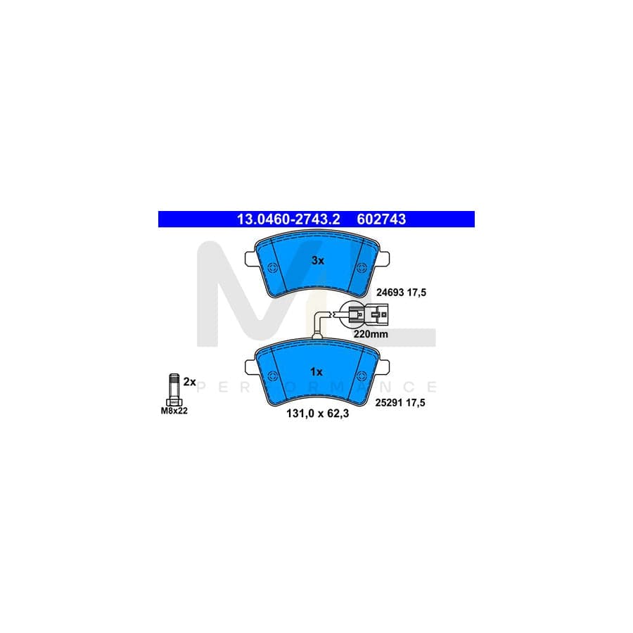ATE 13.0460-2743.2 Brake pad set for RENAULT KANGOO with integrated wear warning contact, with brake caliper screws