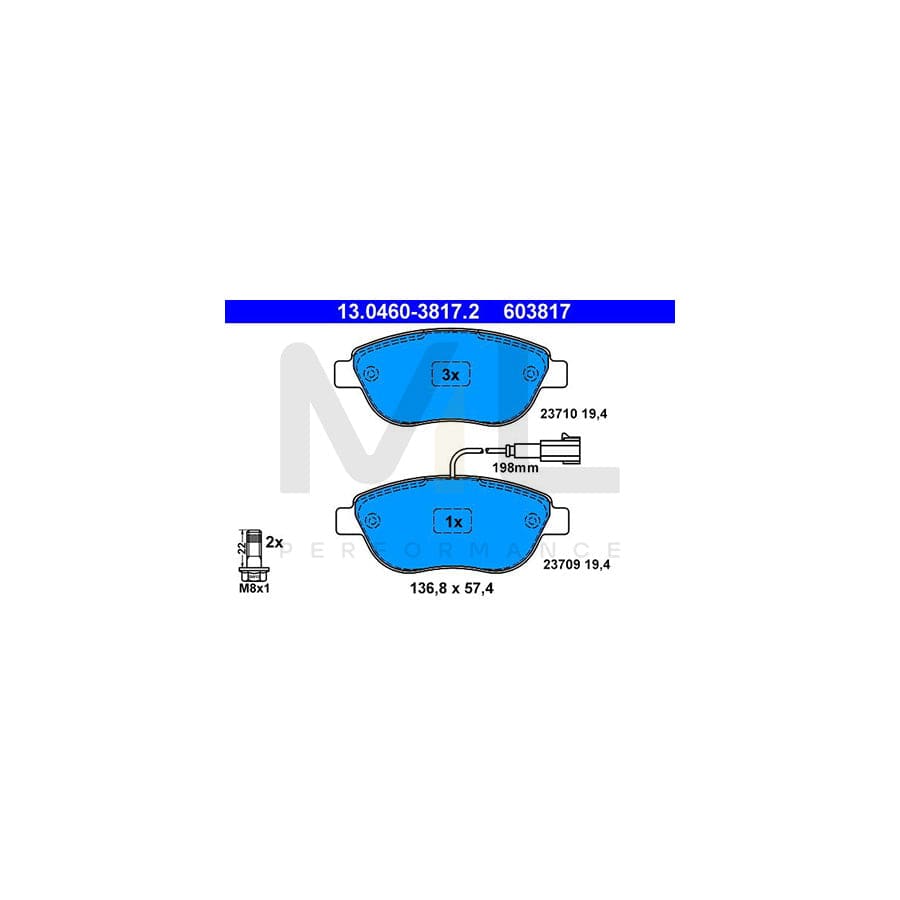 ATE 13.0460-3817.2 Brake pad set incl. wear warning contact, with brake caliper screws