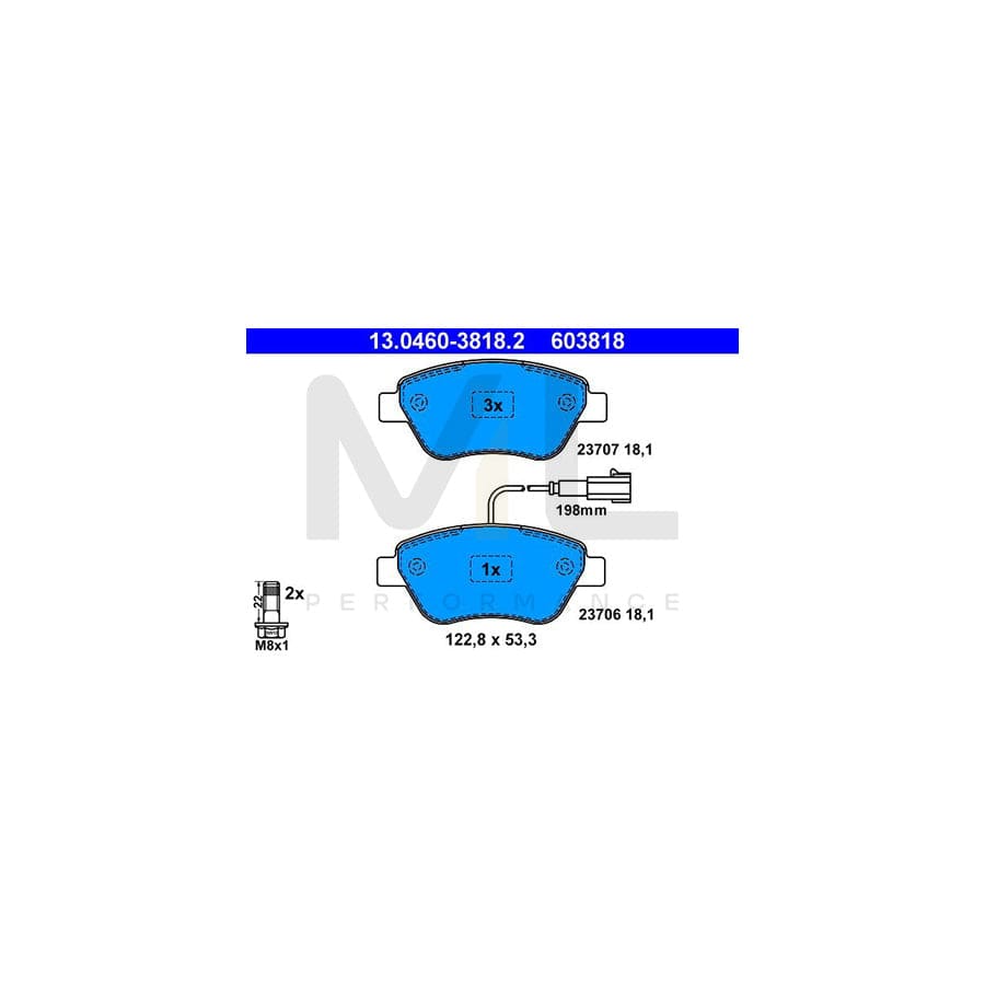 ATE 13.0460-3818.2 Brake pad set incl. wear warning contact, with brake caliper screws