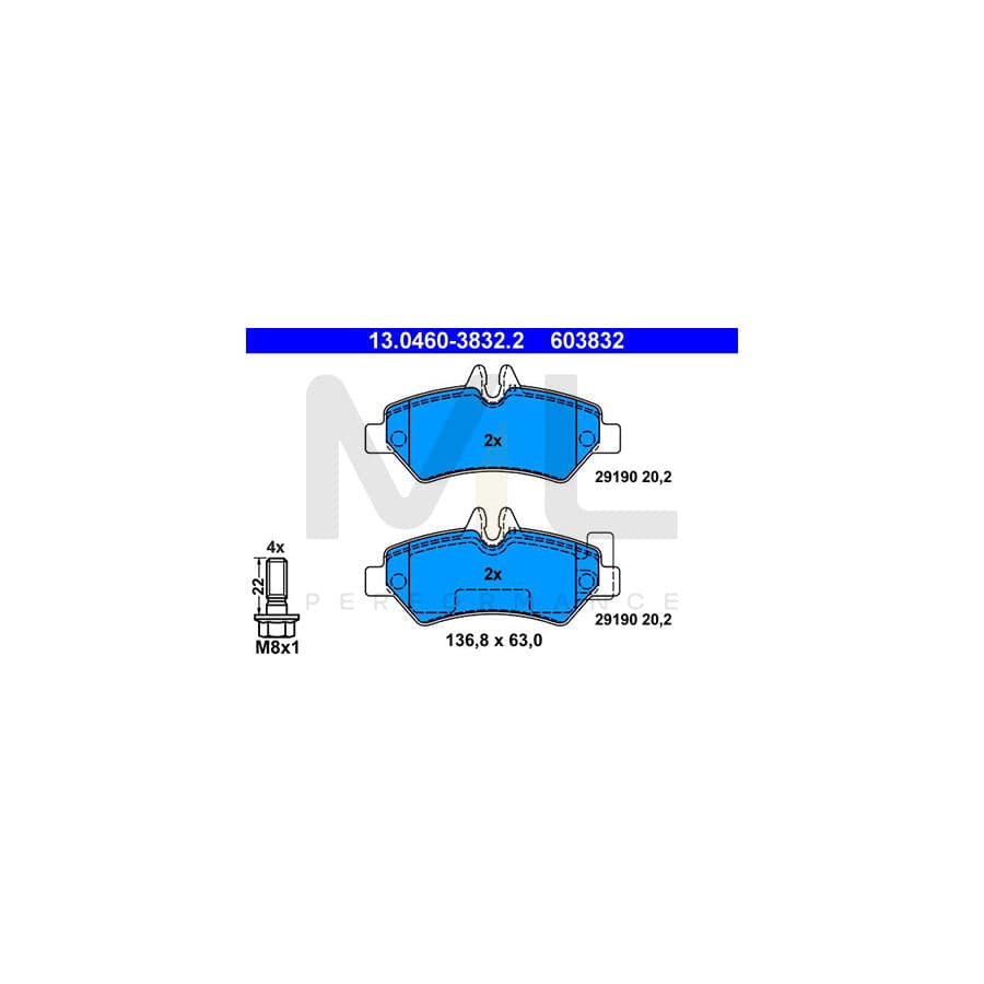 ATE 13.0460-3832.2 Brake pad set for VW CRAFTER excl. wear warning contact, prepared for wear indicator, with brake caliper screws