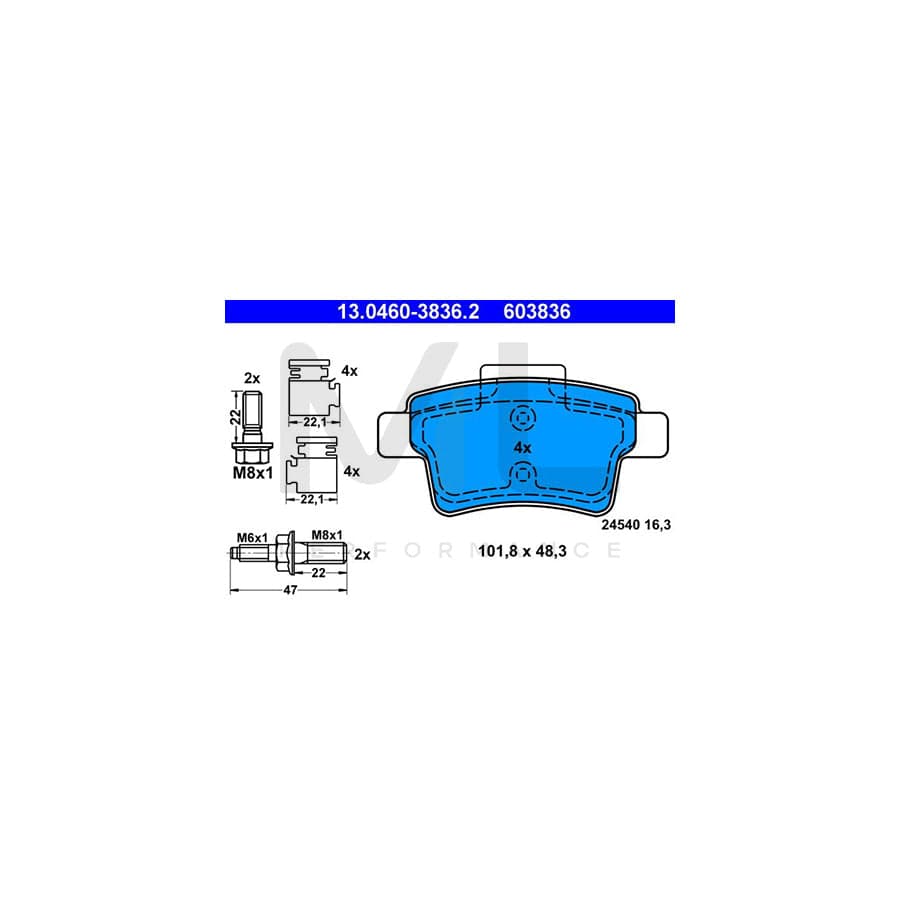 ATE 13.0460-3836.2 Brake pad set for CITRO?? C4 excl. wear warning contact, not prepared for wear indicator, with brake caliper screws, with accessories