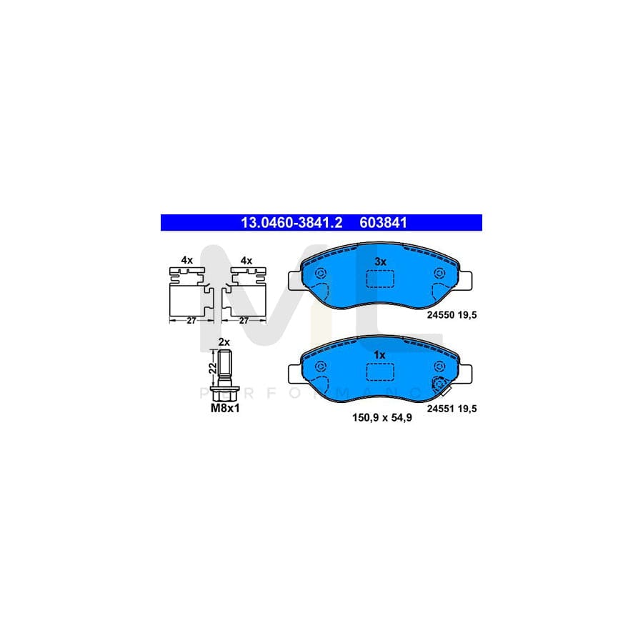 ATE 13.0460-3841.2 Brake pad set with acoustic wear warning, with brake caliper screws, with accessories
