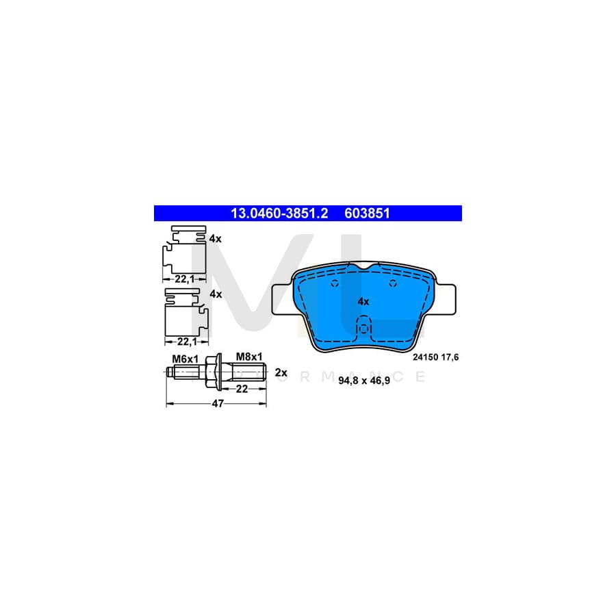 ATE 13.0460-3851.2 Brake pad set for PEUGEOT 207 excl. wear warning contact, not prepared for wear indicator, with accessories