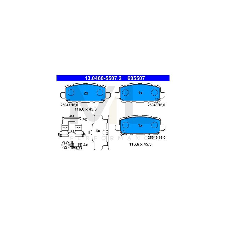 ATE 13.0460-5507.2 Brake pad set for HONDA HR-V II (RU) with acoustic wear warning, with anti-squeak plate, with brake caliper screws, with accessories