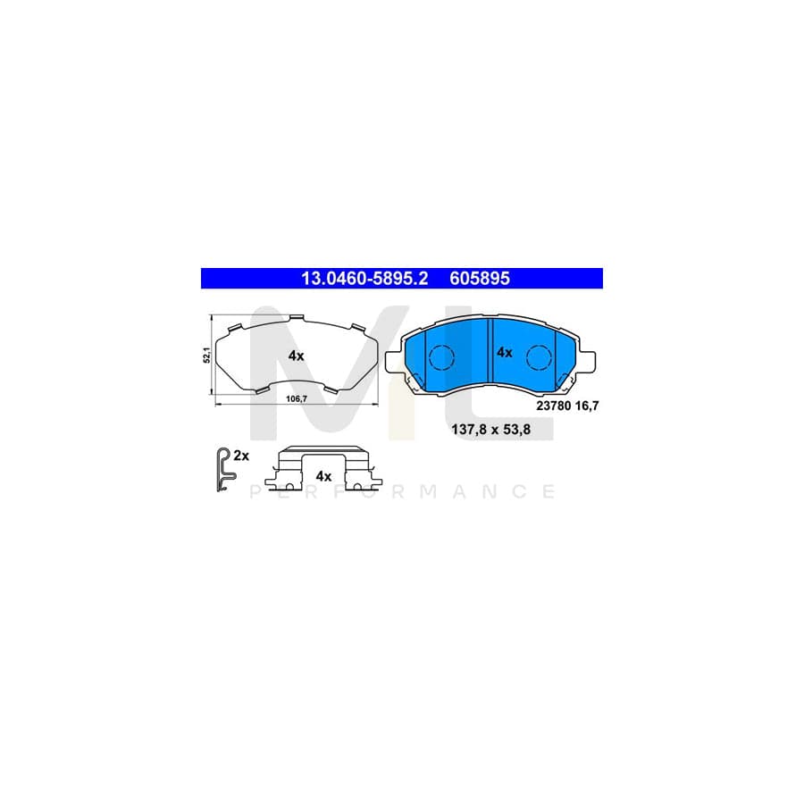 ATE 13.0460-5895.2 Brake pad set with acoustic wear warning, with anti-squeak plate, with accessories