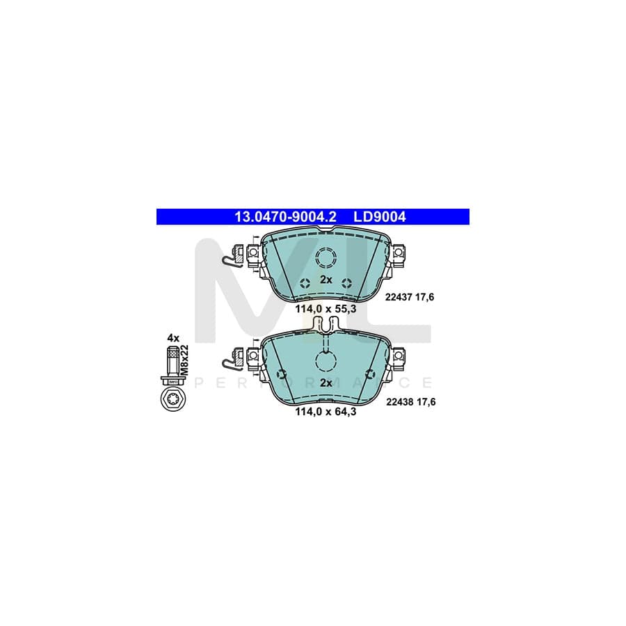 ATE 13.0470-9004.2 Brake pad set suitable for MERCEDES-BENZ E-Class excl. wear warning contact, prepared for wear indicator, with brake caliper screws