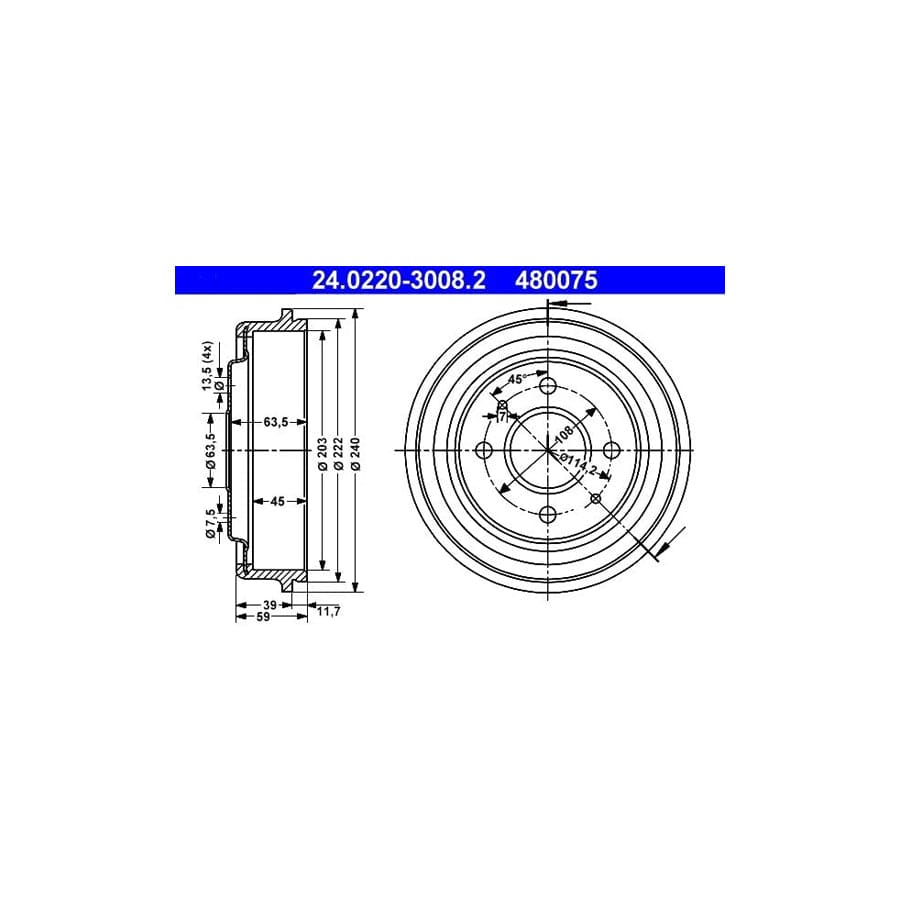 ATE 24.0220-3008.2 Brake Drum