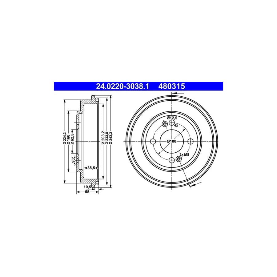 ATE 24.0220-3038.1 Brake Drum for Hyundai Getz (Tb)