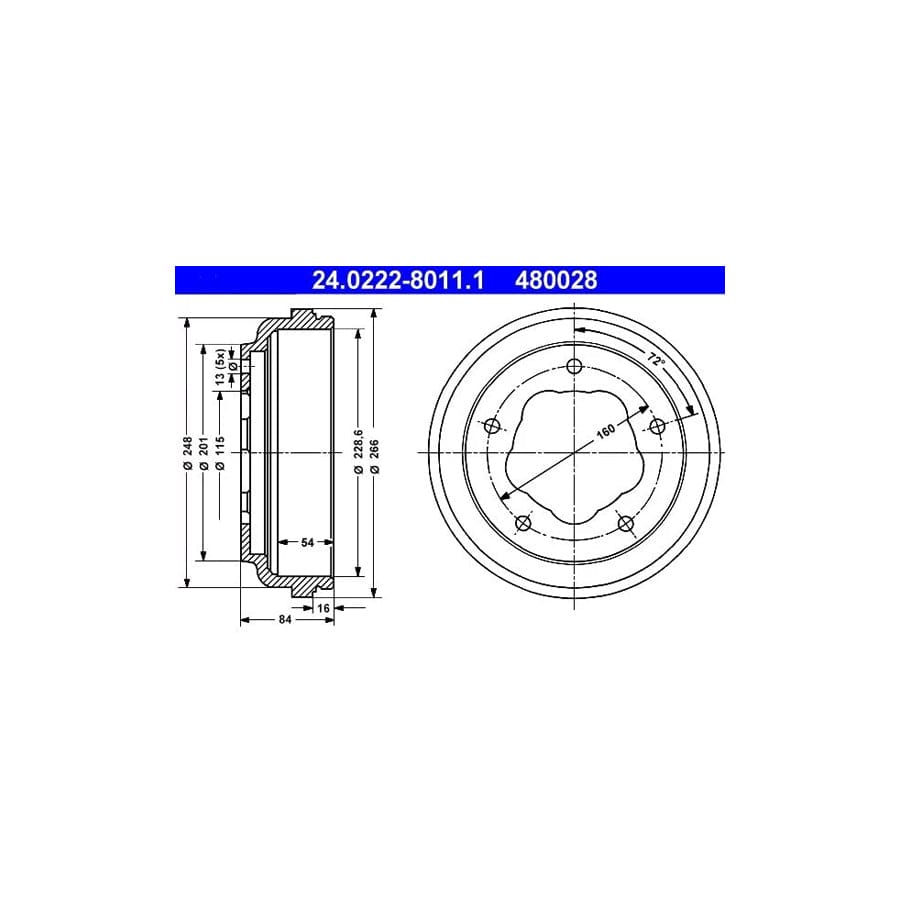 ATE 24.0222-8011.1 Brake Drum for Ford Transit