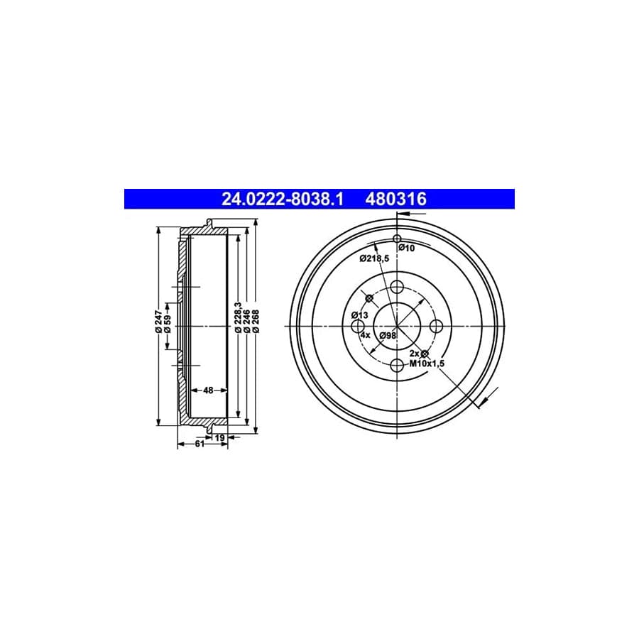 ATE 24.0222-8038.1 Brake Drum