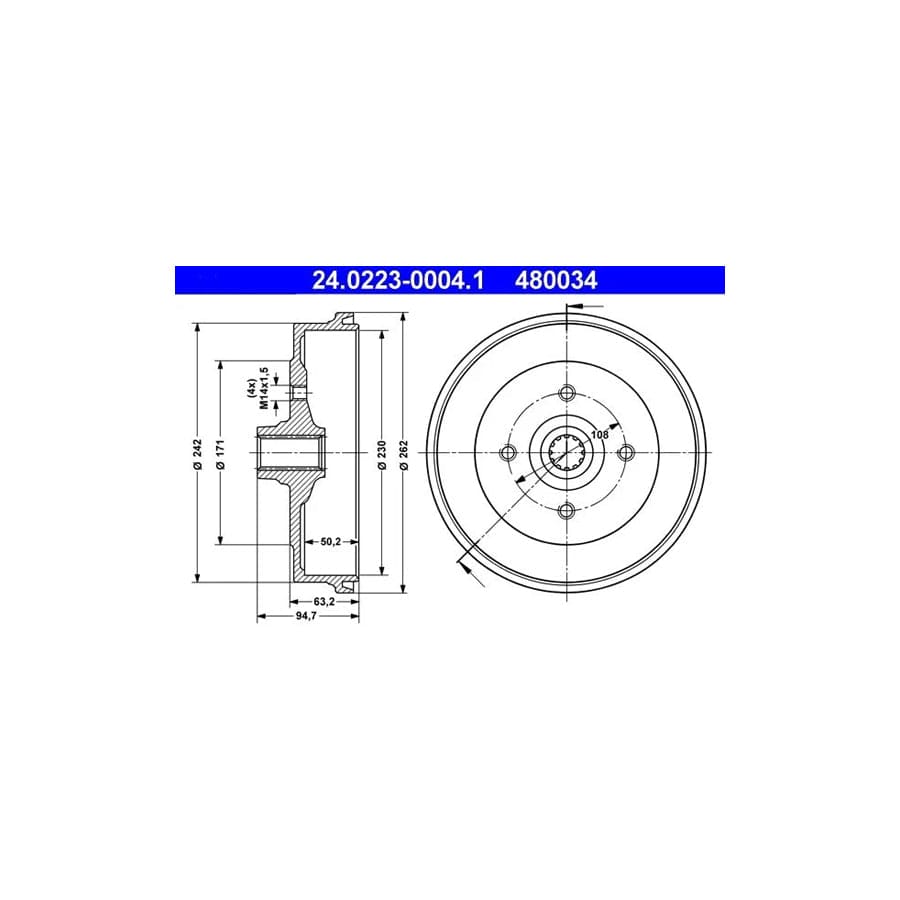 ATE 24.0223-0004.1 Brake Drum for Porsche 924 Coupe