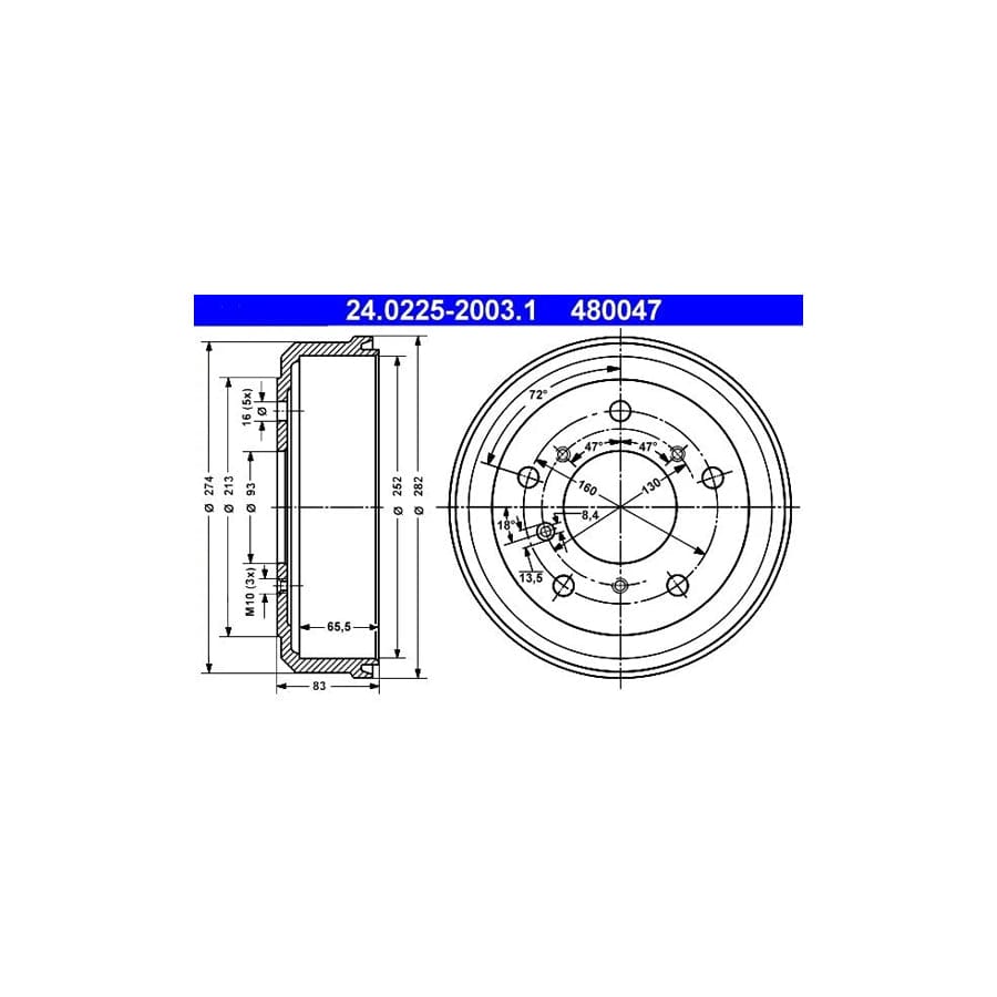 ATE 24.0225-2003.1 Brake Drum for VW Lt