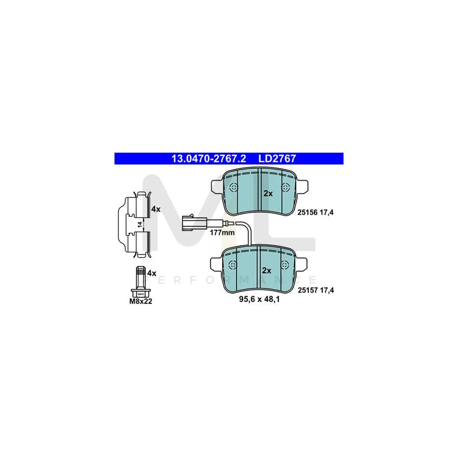 ATE Ceramic 13.0470-2767.2 Brake pad set for ALFA ROMEO GIULIETTA with integrated wear warning contact, with brake caliper screws, with accessories