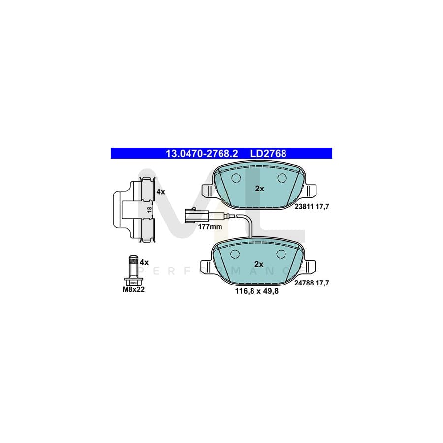 ATE Ceramic 13.0470-2768.2 Brake pad set for ALFA ROMEO GIULIETTA with integrated wear warning contact, with brake caliper screws