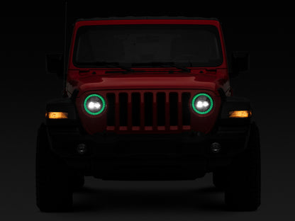 Raxiom 18-22 Jeep Wrangler JL/JT Axial 9-Inch LED Headlights w/RGB Halo- Black Housing (Clear Lens)