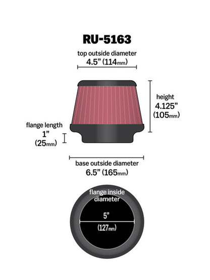 K&N Engineering K&N Universal Rubber Filter 5in Flange ID x 6.5in Base OD x 4.5in Top OD x 4.125in Height
