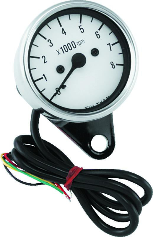 Bikers Choice 2.5 Inch Chrome Mini Tach Universal White Face 8000 RPM