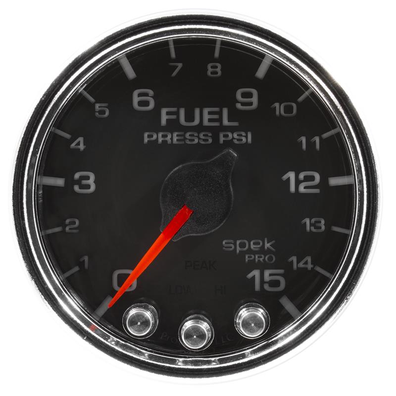 Autometer Spek-Pro Gauge Fuel Press 2 1/16in 15psi Stepper Motor W/Peak & Warn Blk/Chrm