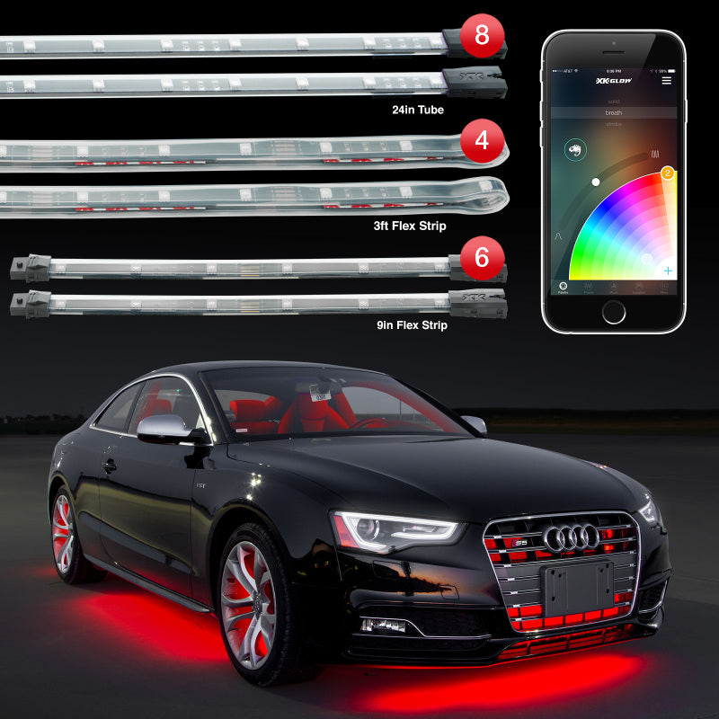 XKGLOW XK Glow Strip Million Color XKCHROME App Undercar Kit (8x24In Tube + 6x10In Strip + 4x36In)