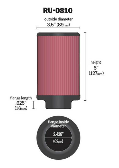 K&N Engineering K&N Universal Rubber Filter 2.438in Flange ID x 3.5in OD x 5in Height for 97-98 Yamaha TDM850