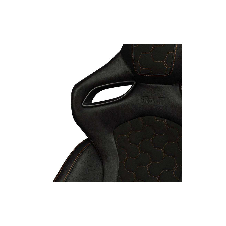 BRAUM Orue-S Series Sport Reclinable Seats (Black Leatherette Honeycomb Alcantara Orange Stitching) – Priced Per Pair
