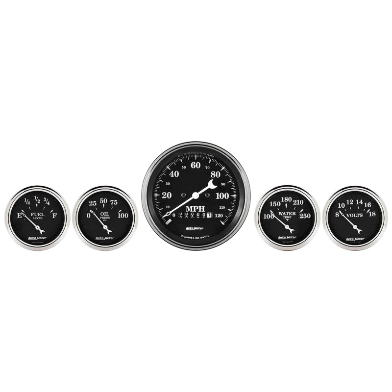 AutoMeter Auto Meter Gauge Kit 5 pc. 3 3/8in & 2 1/16in Elec. Speedometer Old Tyme Black