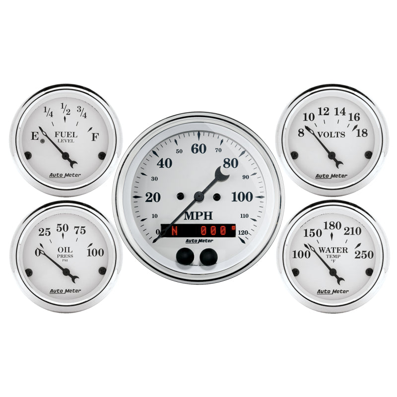 AutoMeter Auto Meter Speedometer 3-3/8in and 2-1/16in 5 Piece Old Tyme White Gauge Kit