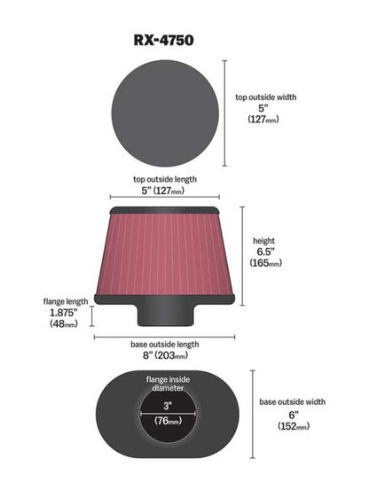 K&N Engineering K&N Filter Universal X Stream Clamp-On 3in Flange ID 6inx8in Base 5inx5in Top 6.5in Height