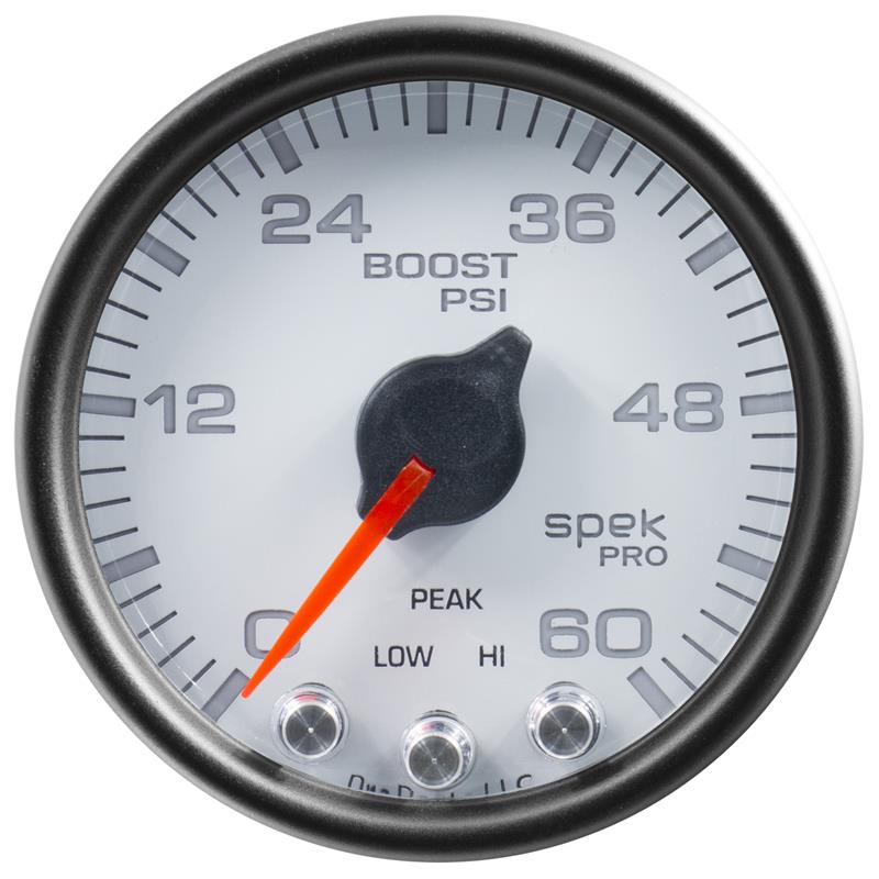Autometer Spek-Pro Gauge Boost 2 1/16in 60psi Stepper Motor W/Peak & Warn Wht/Blk