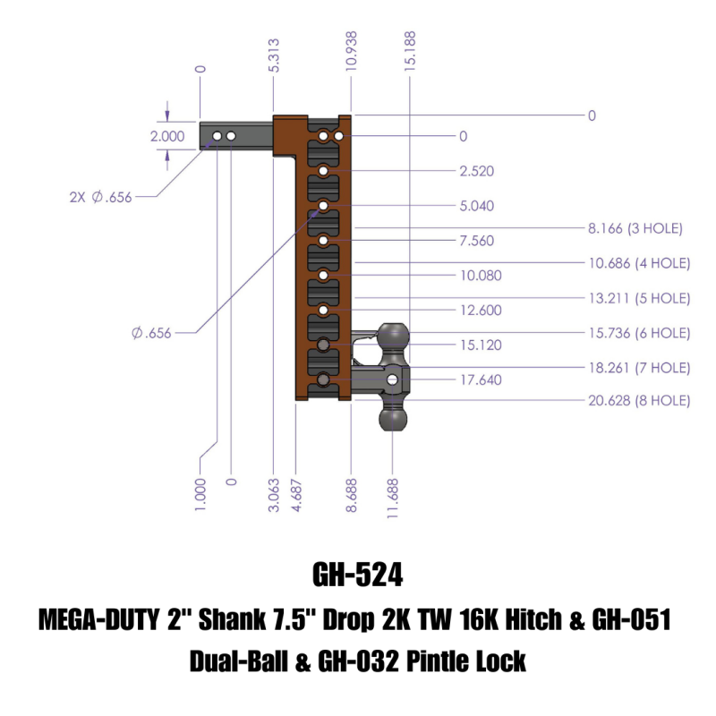 GEN-Y Hitch Gen-Y Mega Duty 2in Shank 7.5in Drop 2K TW 16K Hitch w/GH-051 Dual-Ball/GH-032 Pintle Lock